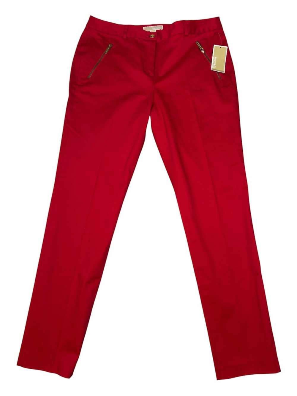 NWT Michael Kors Pants, Red Zip Pocket Slim Trousers, Gold-Tone Hardware, Sz 10